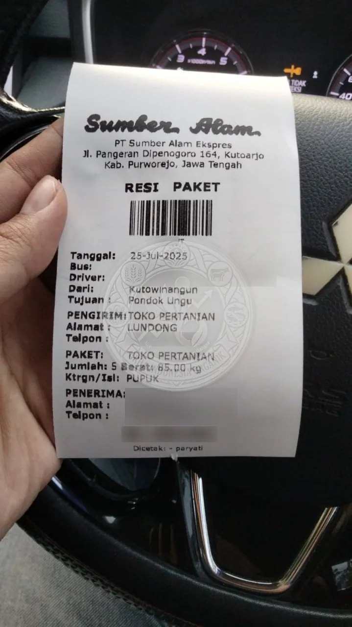 Testimoni Grha Indonesia Organik: resi kiriman pupuk 85 kg lewat bus